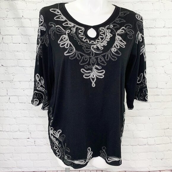 ONCE AGAIN BLACK & WHITE METALLIC THREAD SWIRL DESIGN TUNIC TOP - 1X - Picture 1 of 5